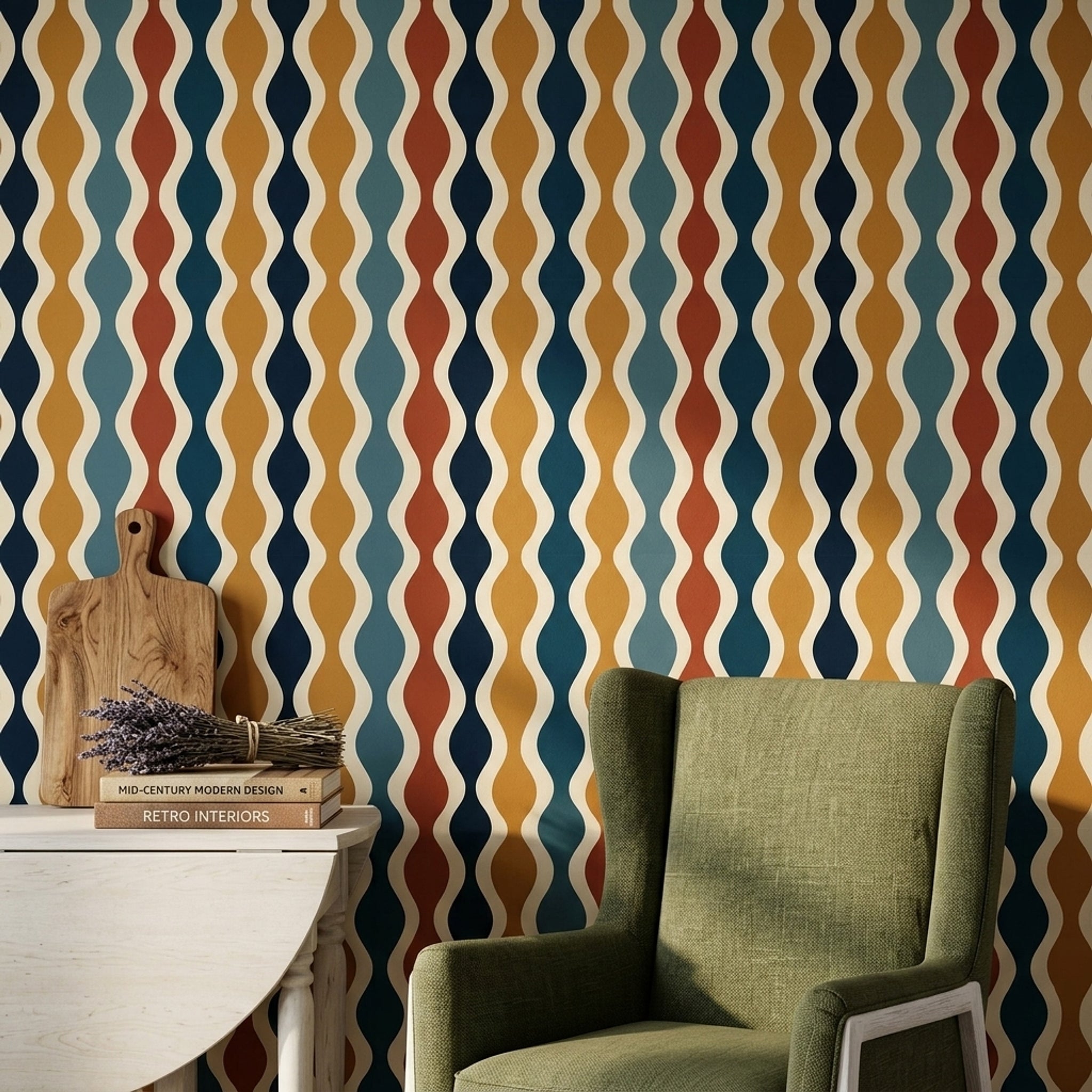 Retro Dalga Desenli Duvar Kağıdı Lacivert Sarı Salon