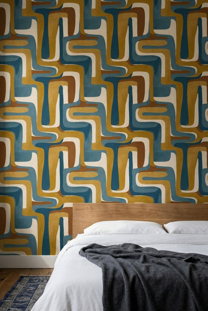 Retro Geometrik Duvar Kağıdı Mavi Hardal Desenli Salon