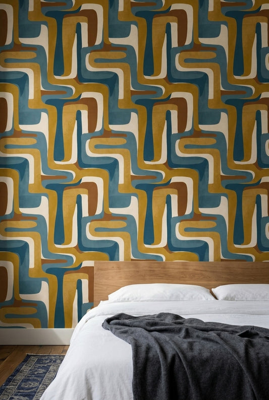 Retro Geometrik Duvar Kağıdı Mavi Hardal Desenli Salon