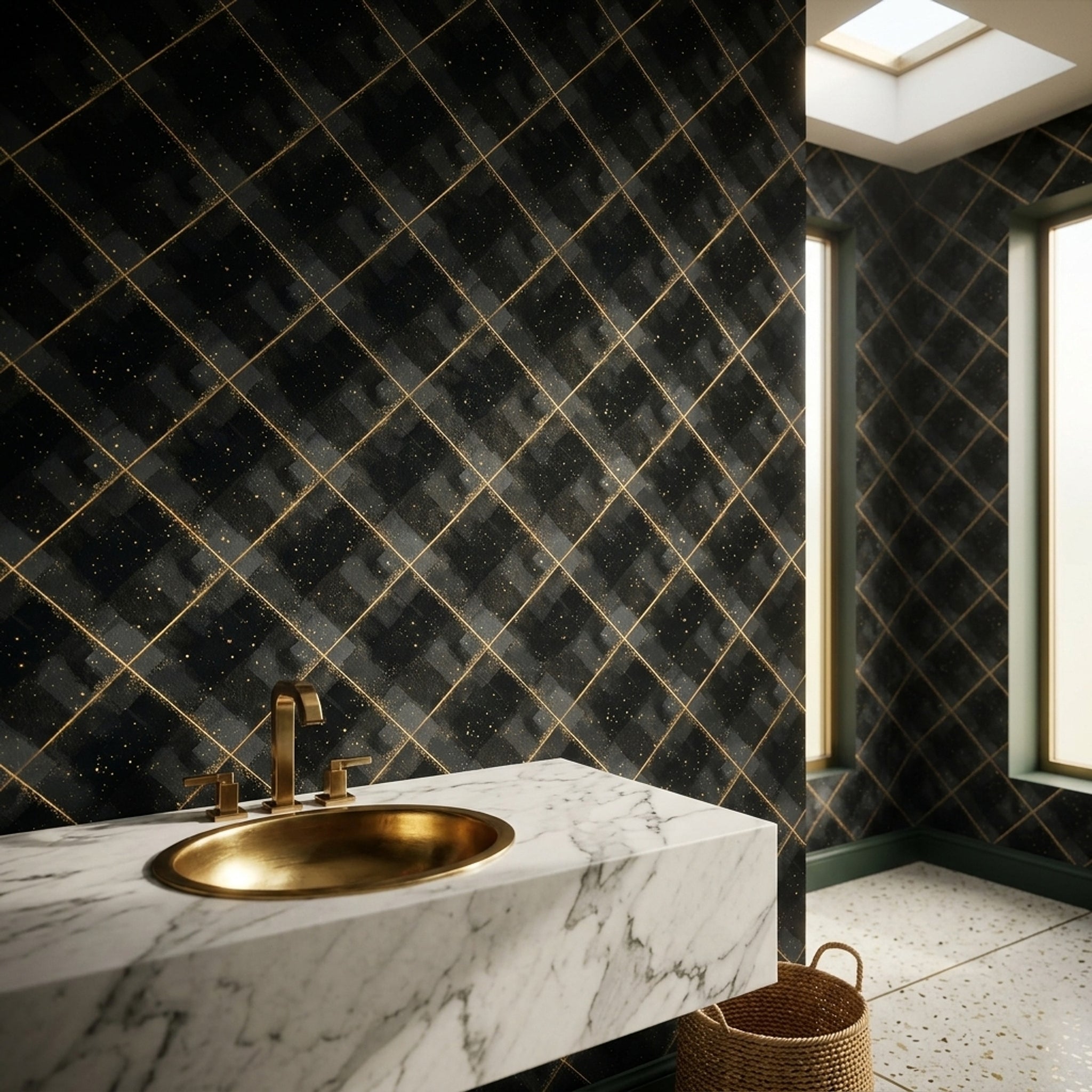 Siyah Altın Baklava Desenli Duvar Kağıdı Modern Salon