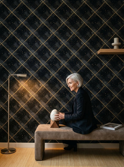 Siyah Altın Baklava Desenli Duvar Kağıdı Modern Salon