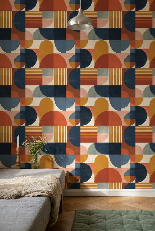 Retro Geometrik Duvar Kağıdı Lacivert Turuncu Salon Deseni