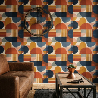 Retro Geometrik Duvar Kağıdı Lacivert Turuncu Salon Deseni