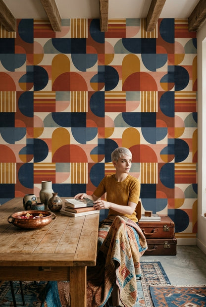 Retro Geometrik Duvar Kağıdı Lacivert Turuncu Salon Deseni