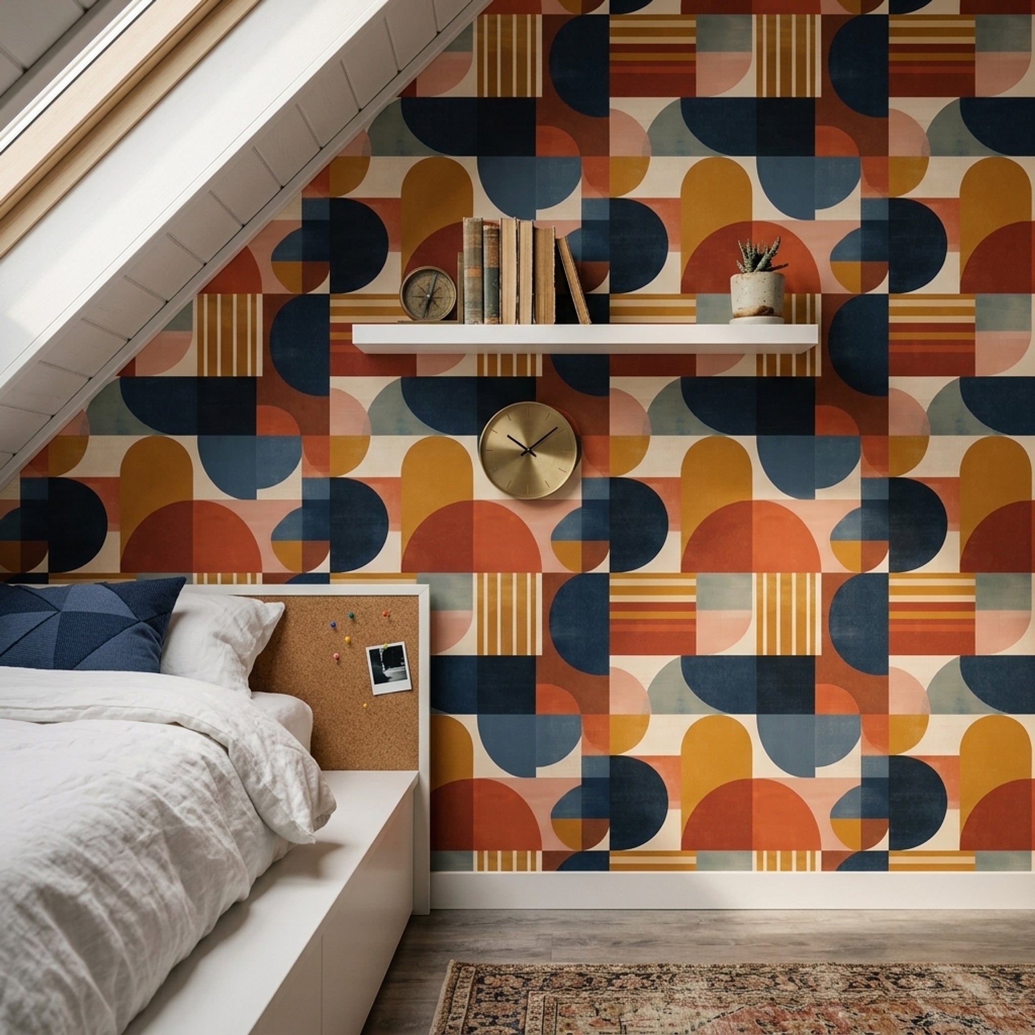 Retro Geometrik Duvar Kağıdı Lacivert Turuncu Salon Deseni