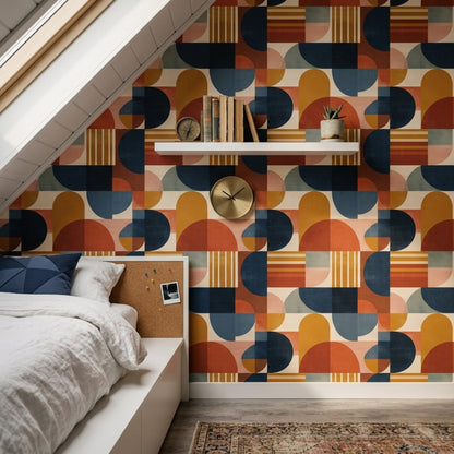 Retro Geometrik Duvar Kağıdı Lacivert Turuncu Salon Deseni