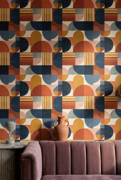 Retro Geometrik Duvar Kağıdı Lacivert Turuncu Salon Deseni