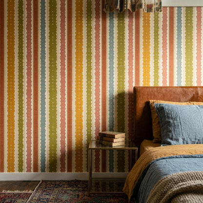 Retro Çizgili Duvar Kağıdı Sarı Yeşil Dikey Desen
