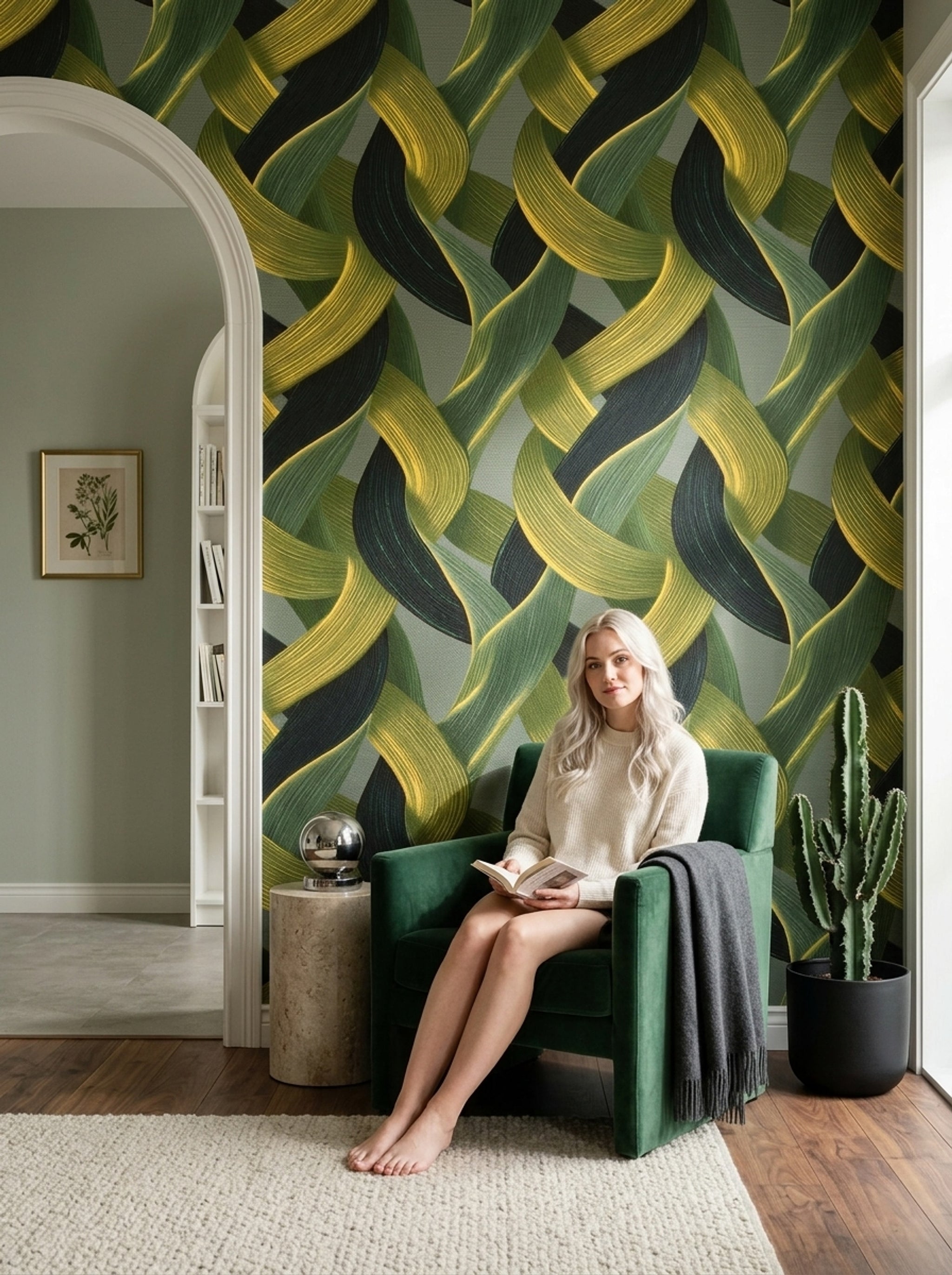 Geometrik Örgü Desenli Duvar Kağıdı Yeşil Modern Salon
