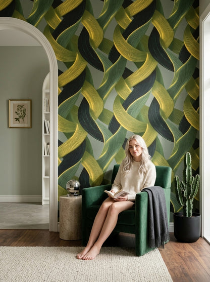 Geometrik Örgü Desenli Duvar Kağıdı Yeşil Modern Salon