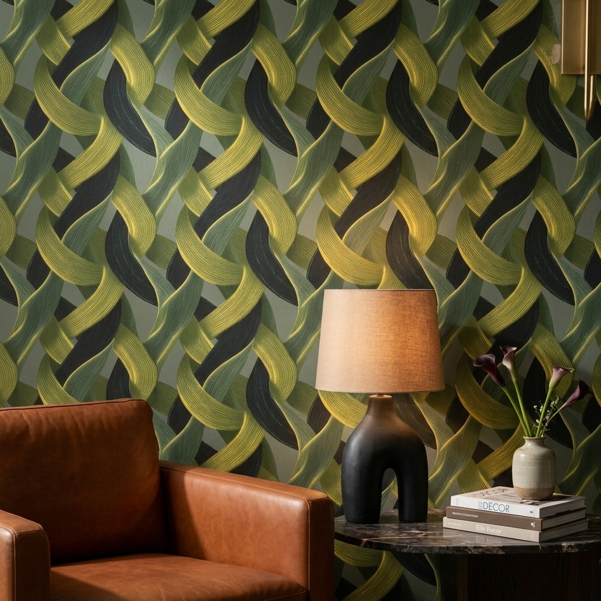 Geometrik Örgü Desenli Duvar Kağıdı Yeşil Modern Salon