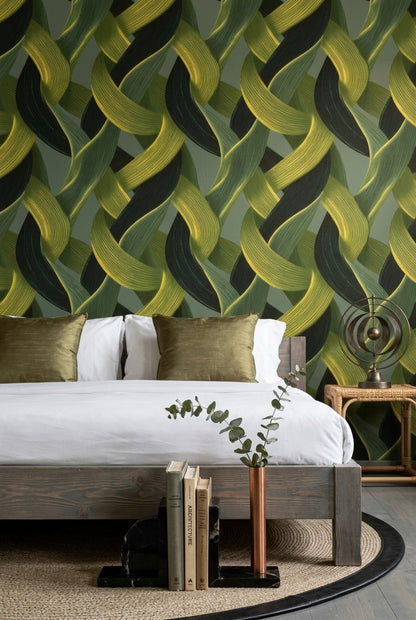 Geometrik Örgü Desenli Duvar Kağıdı Yeşil Modern Salon