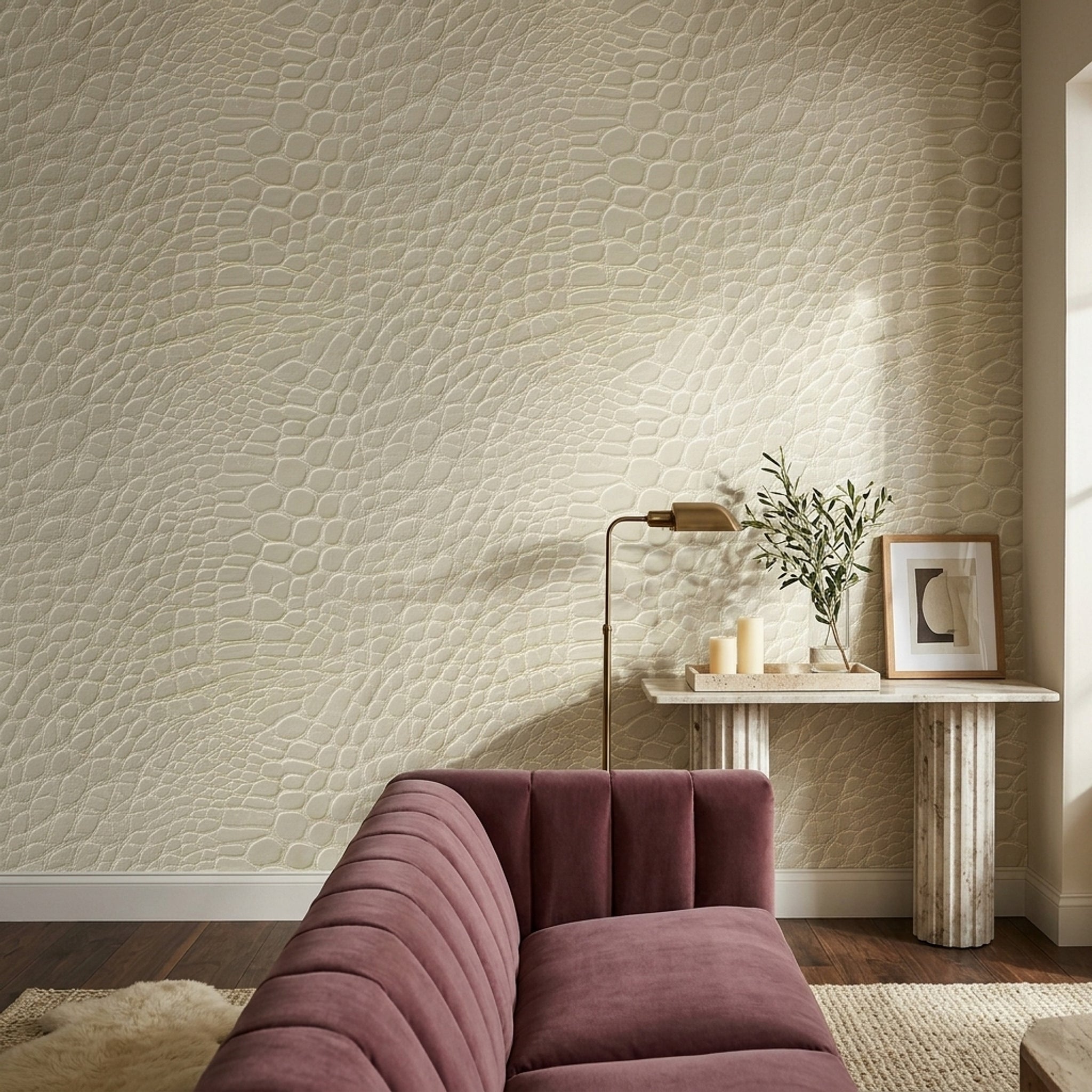 Krem Yılan Derisi Desenli Duvar Kağıdı Modern Salon