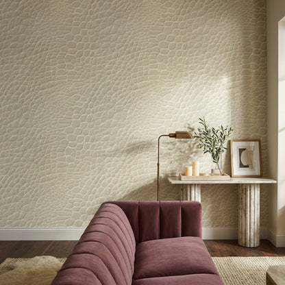 Krem Yılan Derisi Desenli Duvar Kağıdı Modern Salon
