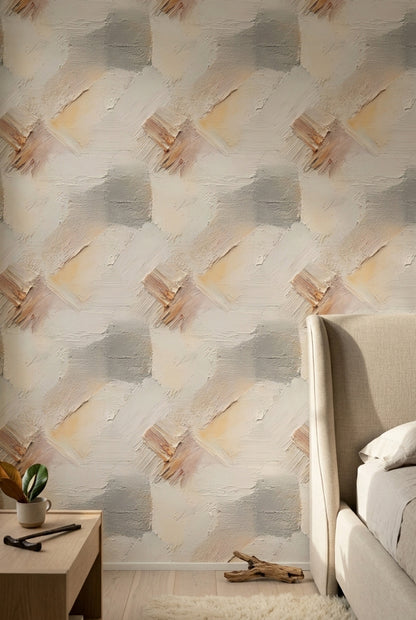 Soyut Fırça Darbeli Duvar Kağıdı Bej Gri Modern Salon