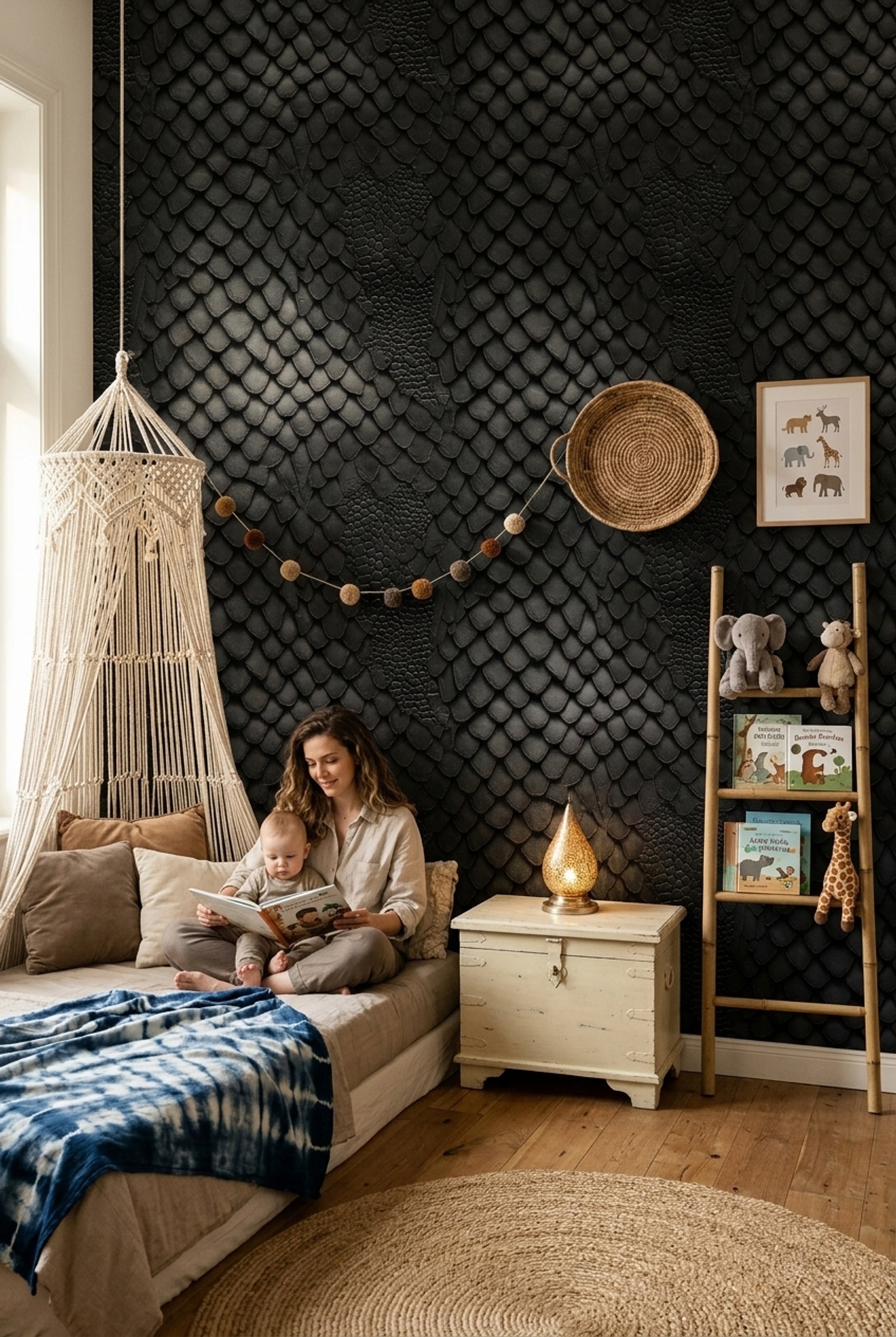 Yılan Derisi Görünümlü Duvar Kağıdı Siyah Modern Salon