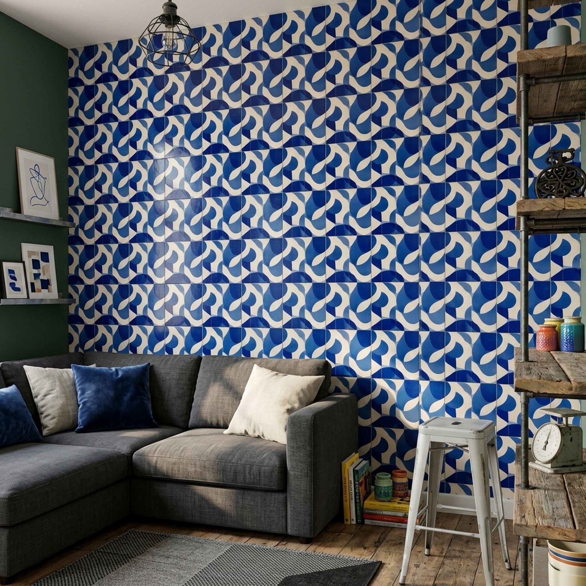 Mavi Beyaz Geometrik Duvar Kağıdı Modern Banyo Deseni