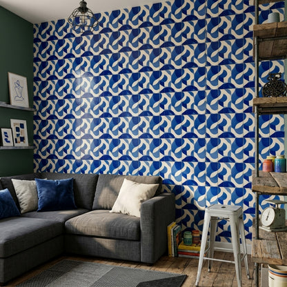 Mavi Beyaz Geometrik Duvar Kağıdı Modern Banyo Deseni