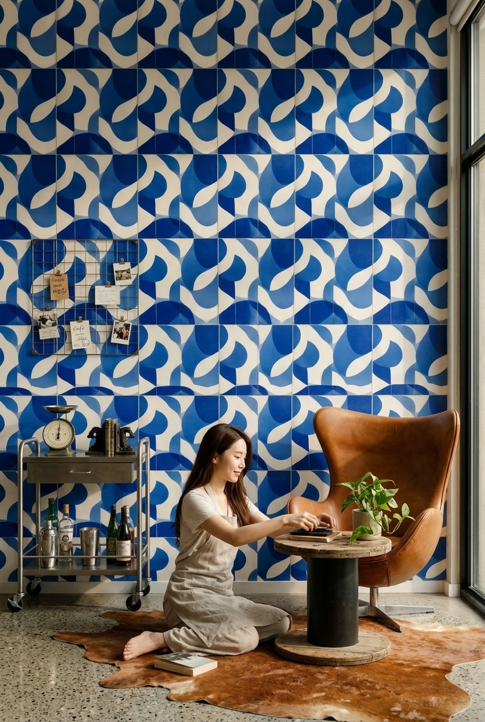 Mavi Beyaz Geometrik Duvar Kağıdı Modern Banyo Deseni