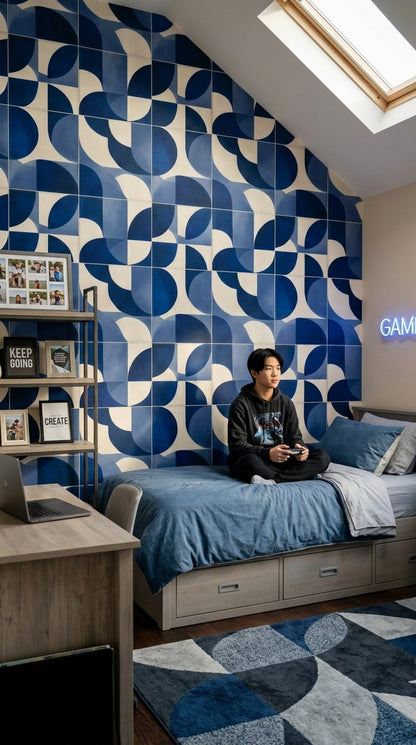 Geometrik Desenli Duvar Kağıdı Lacivert Krem Modern Salon