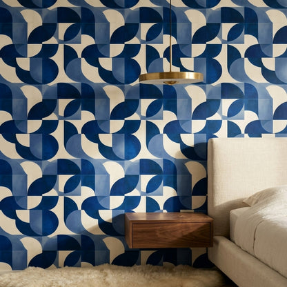 Geometrik Desenli Duvar Kağıdı Lacivert Krem Modern Salon