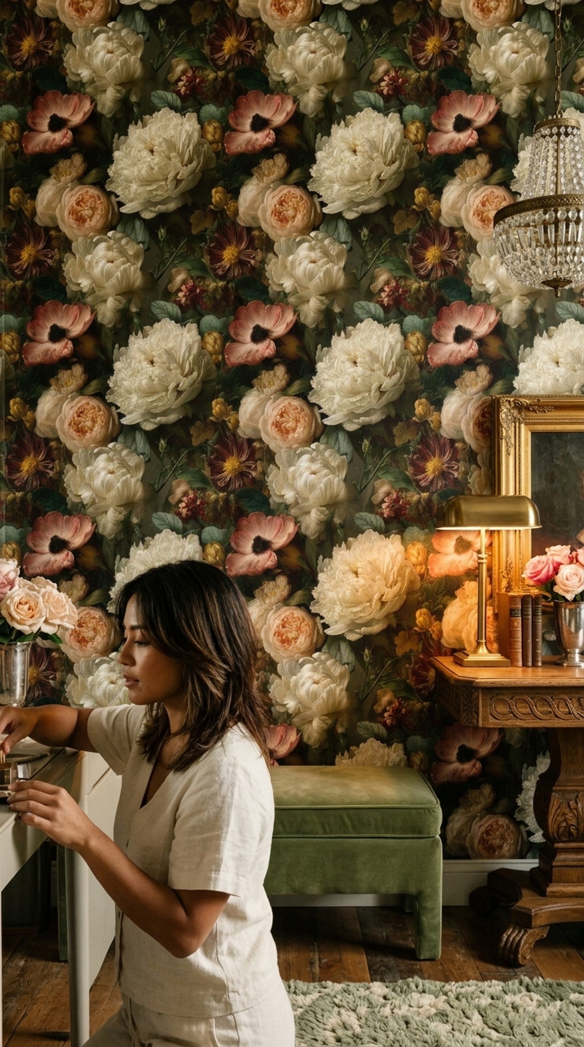 Koyu Zeminde Krem Şakayık Desenli Duvar Kağıdı Salon