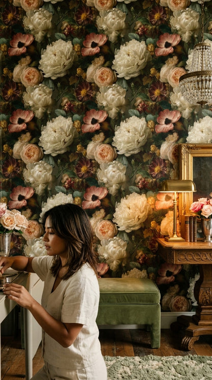 Koyu Zeminde Krem Şakayık Desenli Duvar Kağıdı Salon
