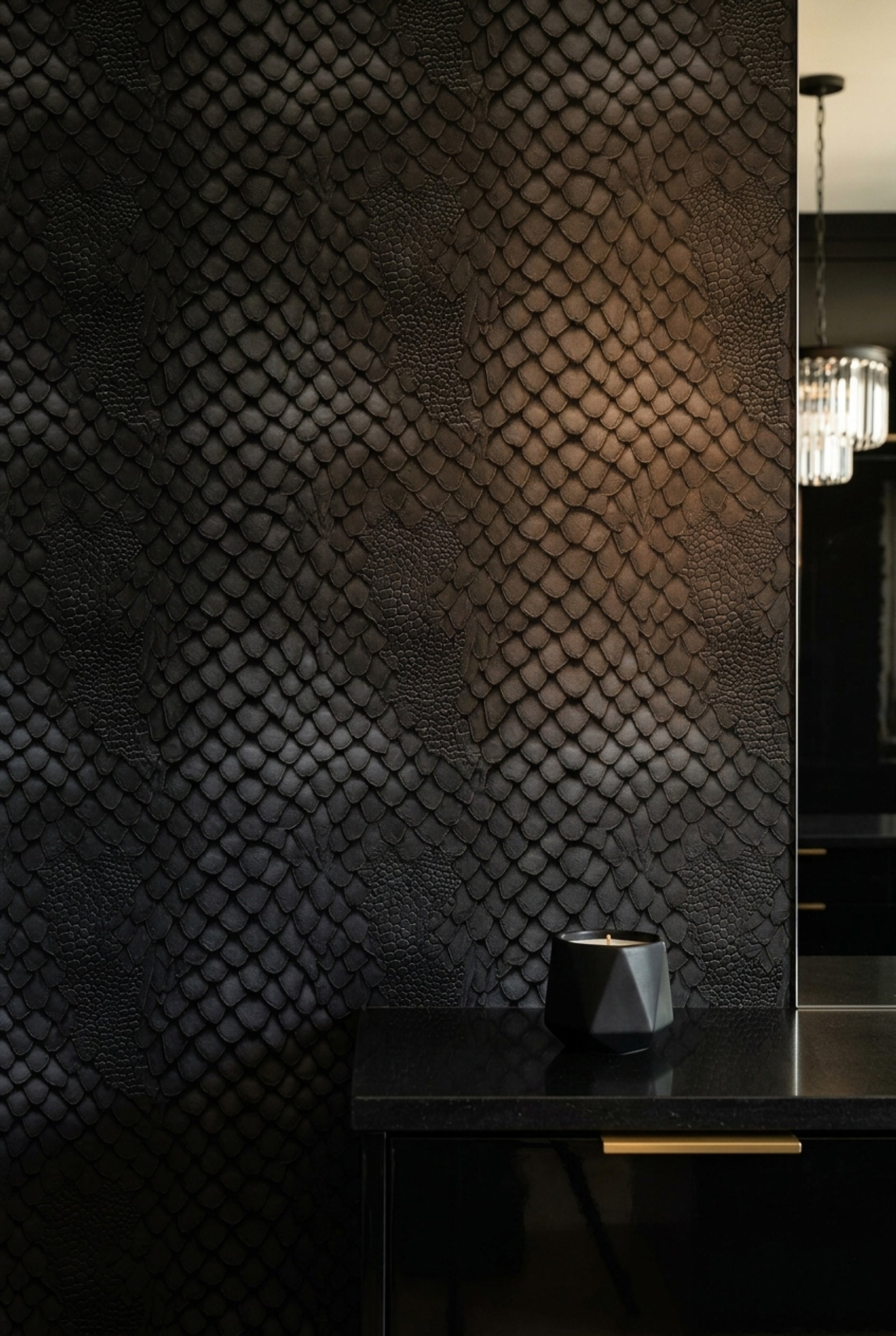Yılan Derisi Görünümlü Duvar Kağıdı Siyah Modern Salon