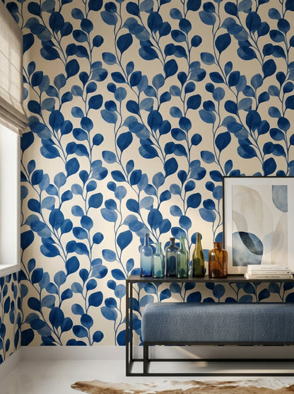 Mavi Yaprak Desenli Duvar Kağıdı Modern Salon Dekoru