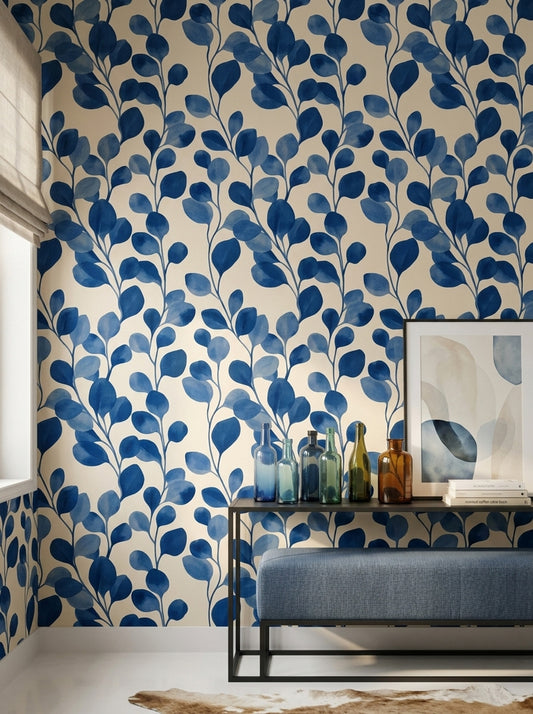 Mavi Yaprak Desenli Duvar Kağıdı Modern Salon Dekoru