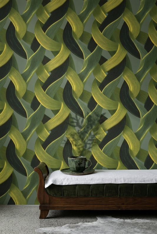 Geometrik Örgü Desenli Duvar Kağıdı Yeşil Modern Salon