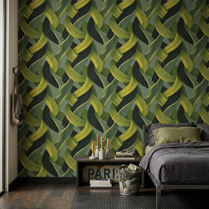 Geometrik Örgü Desenli Duvar Kağıdı Yeşil Modern Salon