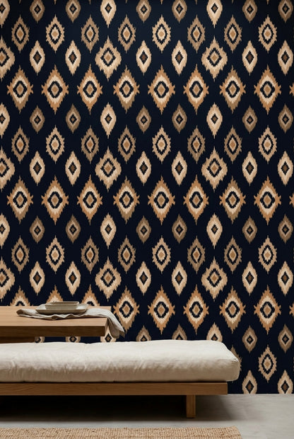Etnik Kilim Desenli Duvar Kağıdı Lacivert Bej Salon