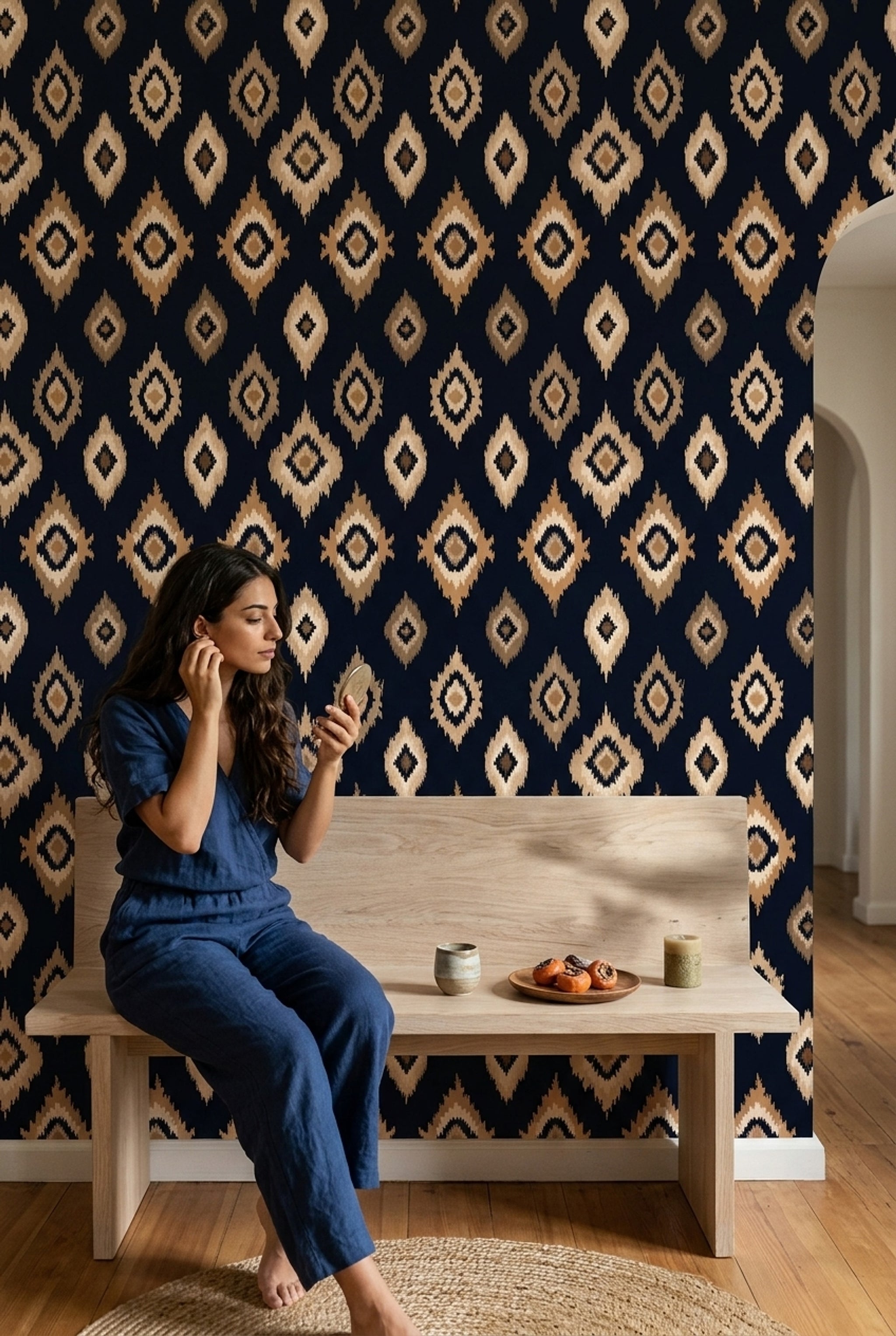Etnik Kilim Desenli Duvar Kağıdı Lacivert Bej Salon