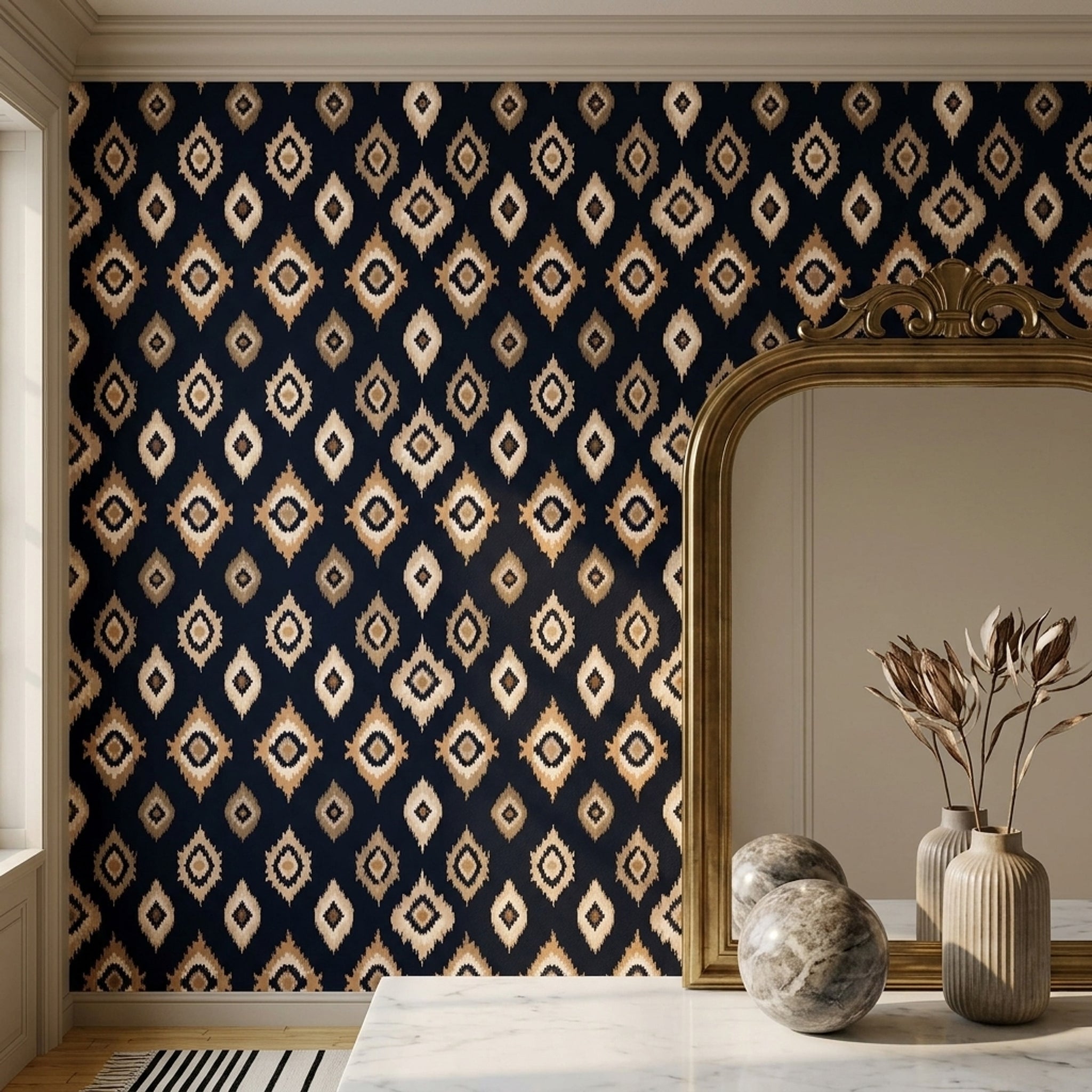 Etnik Kilim Desenli Duvar Kağıdı Lacivert Bej Salon