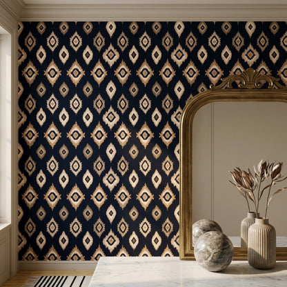 Etnik Kilim Desenli Duvar Kağıdı Lacivert Bej Salon