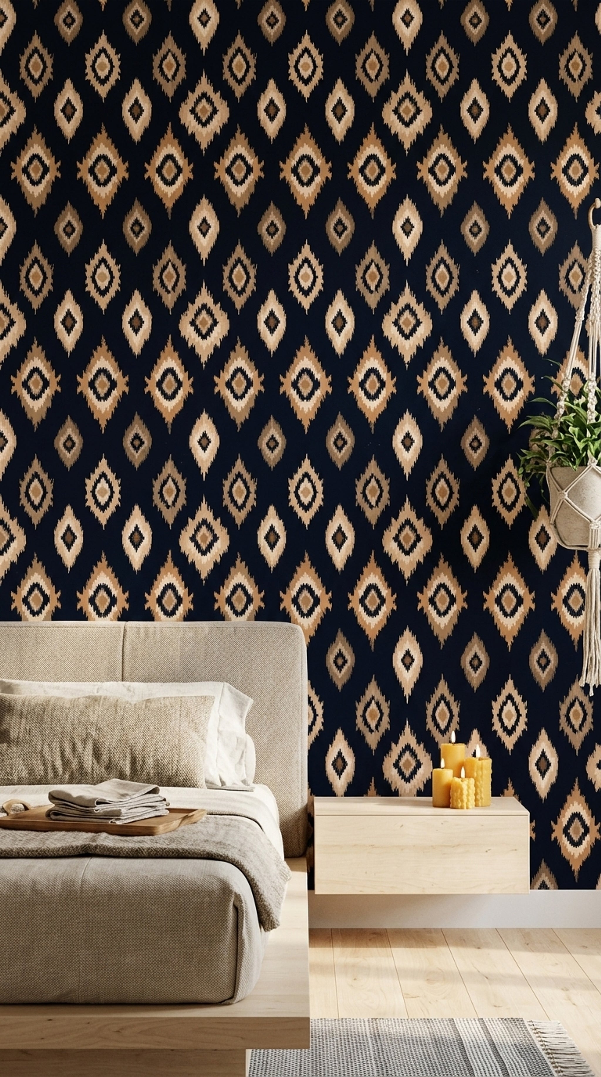 Etnik Kilim Desenli Duvar Kağıdı Lacivert Bej Salon