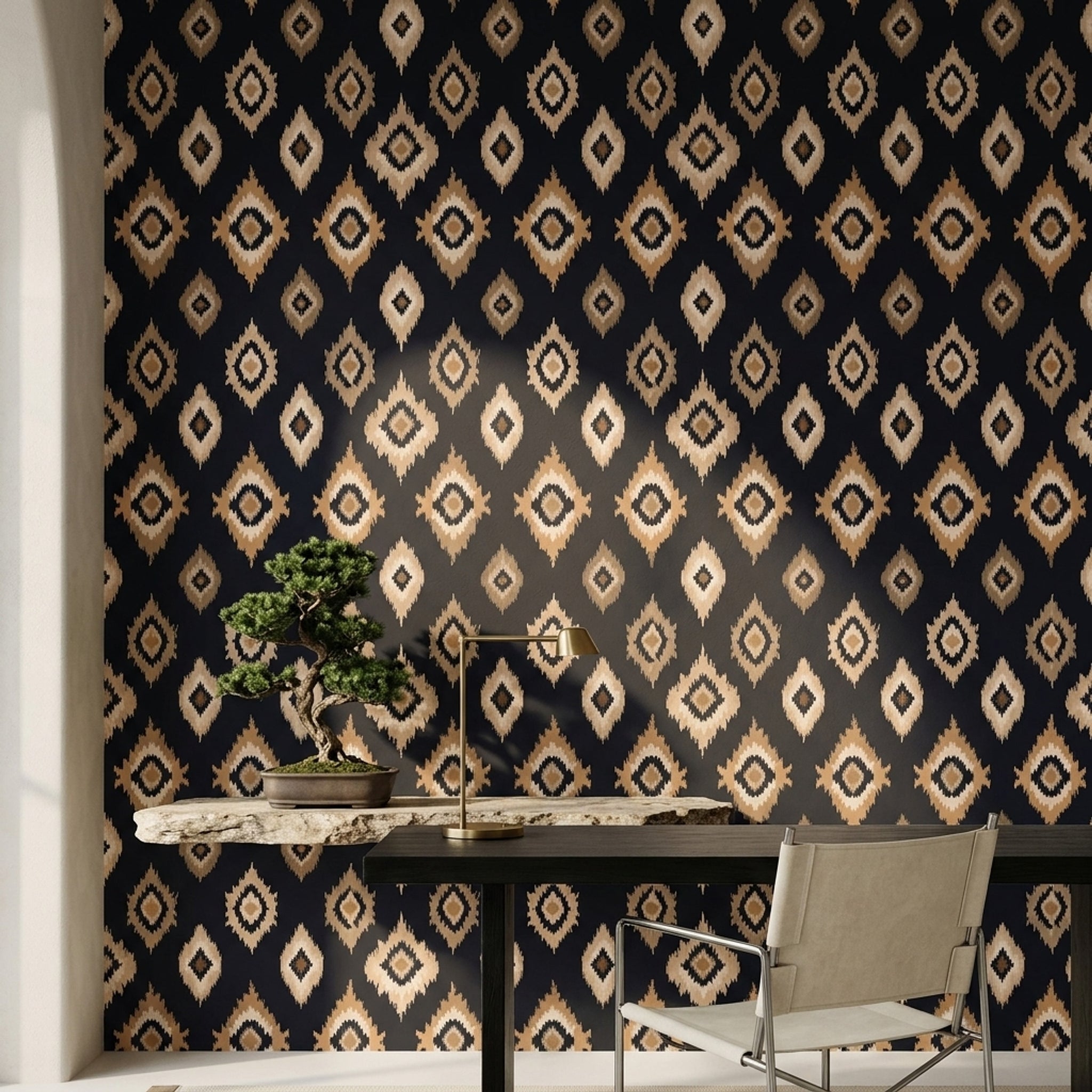 Etnik Kilim Desenli Duvar Kağıdı Lacivert Bej Salon