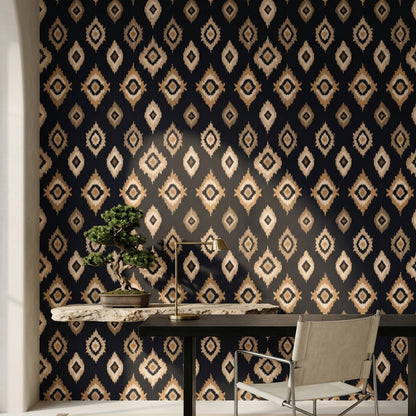 Etnik Kilim Desenli Duvar Kağıdı Lacivert Bej Salon