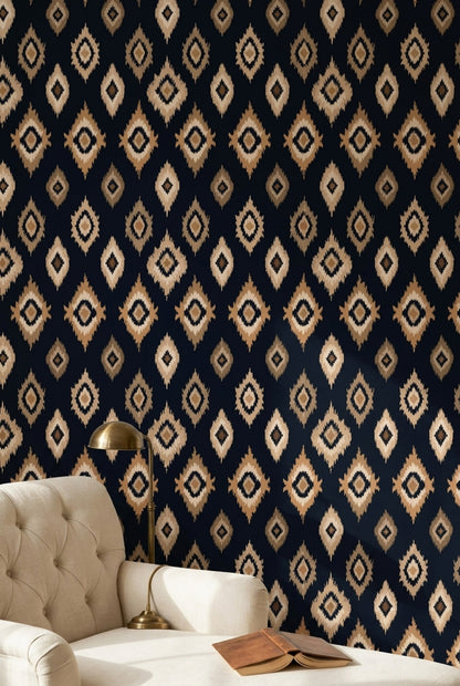 Etnik Kilim Desenli Duvar Kağıdı Lacivert Bej Salon
