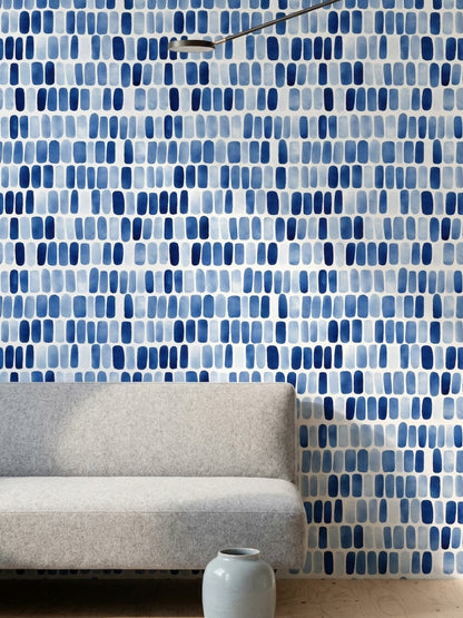 Mavi Fırça Darbeli Geometrik Duvar Kağıdı Modern Salon