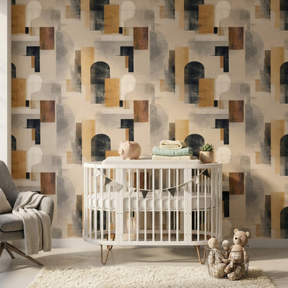 Soyut Geometrik Duvar Kağıdı Bej Siyah Modern Salon