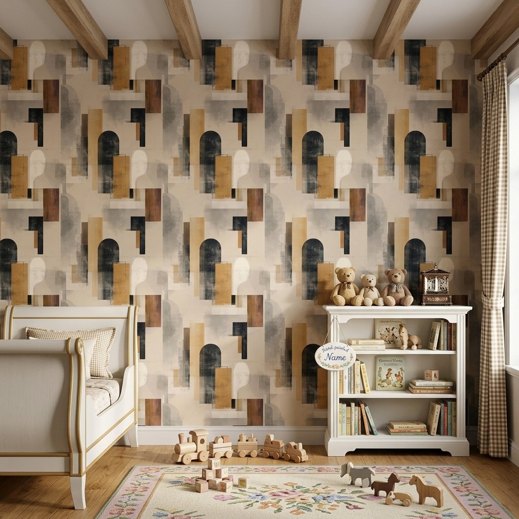 Soyut Geometrik Duvar Kağıdı Bej Siyah Modern Salon