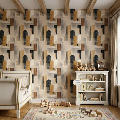 Soyut Geometrik Duvar Kağıdı Bej Siyah Modern Salon