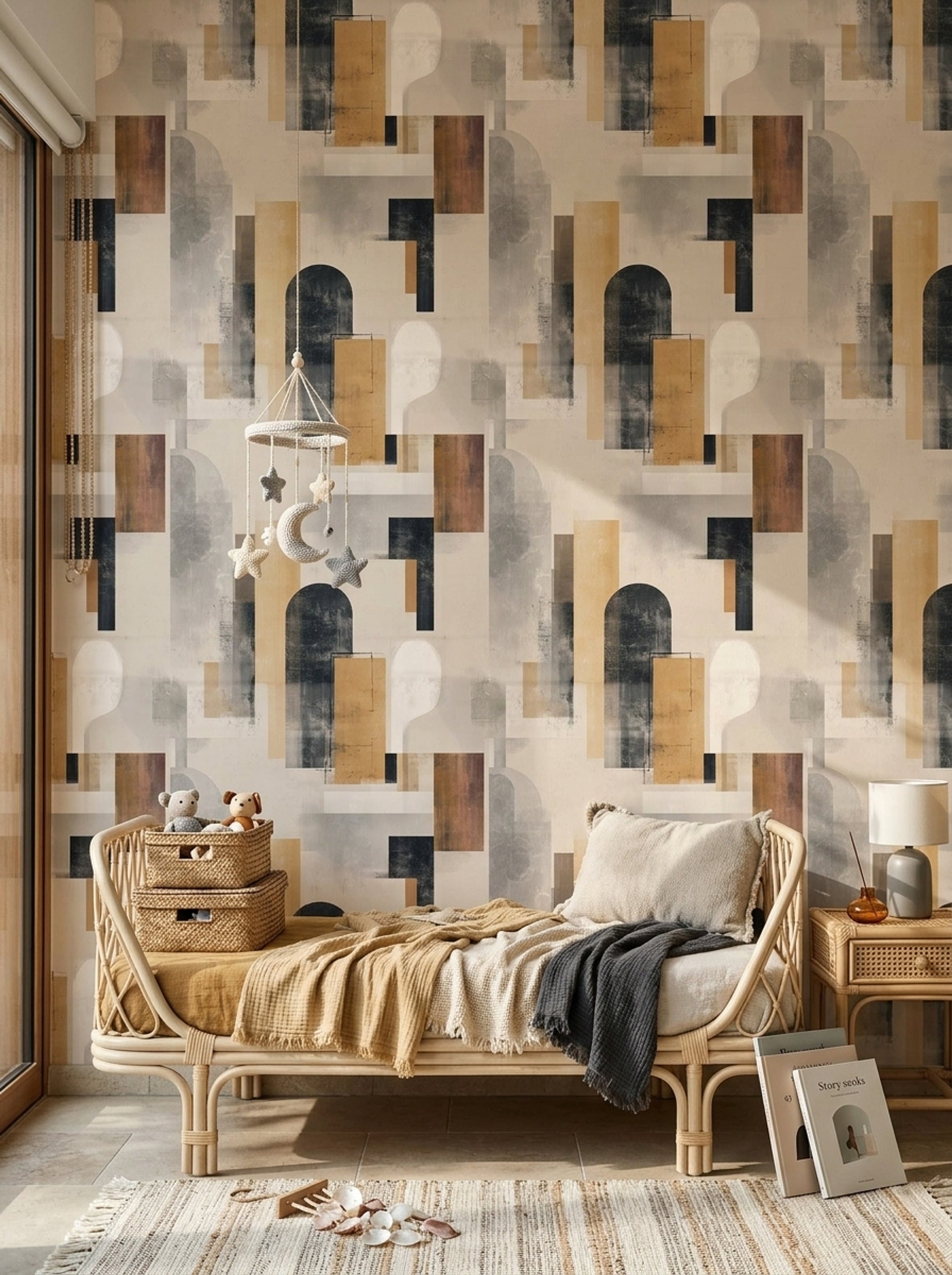 Soyut Geometrik Duvar Kağıdı Bej Siyah Modern Salon