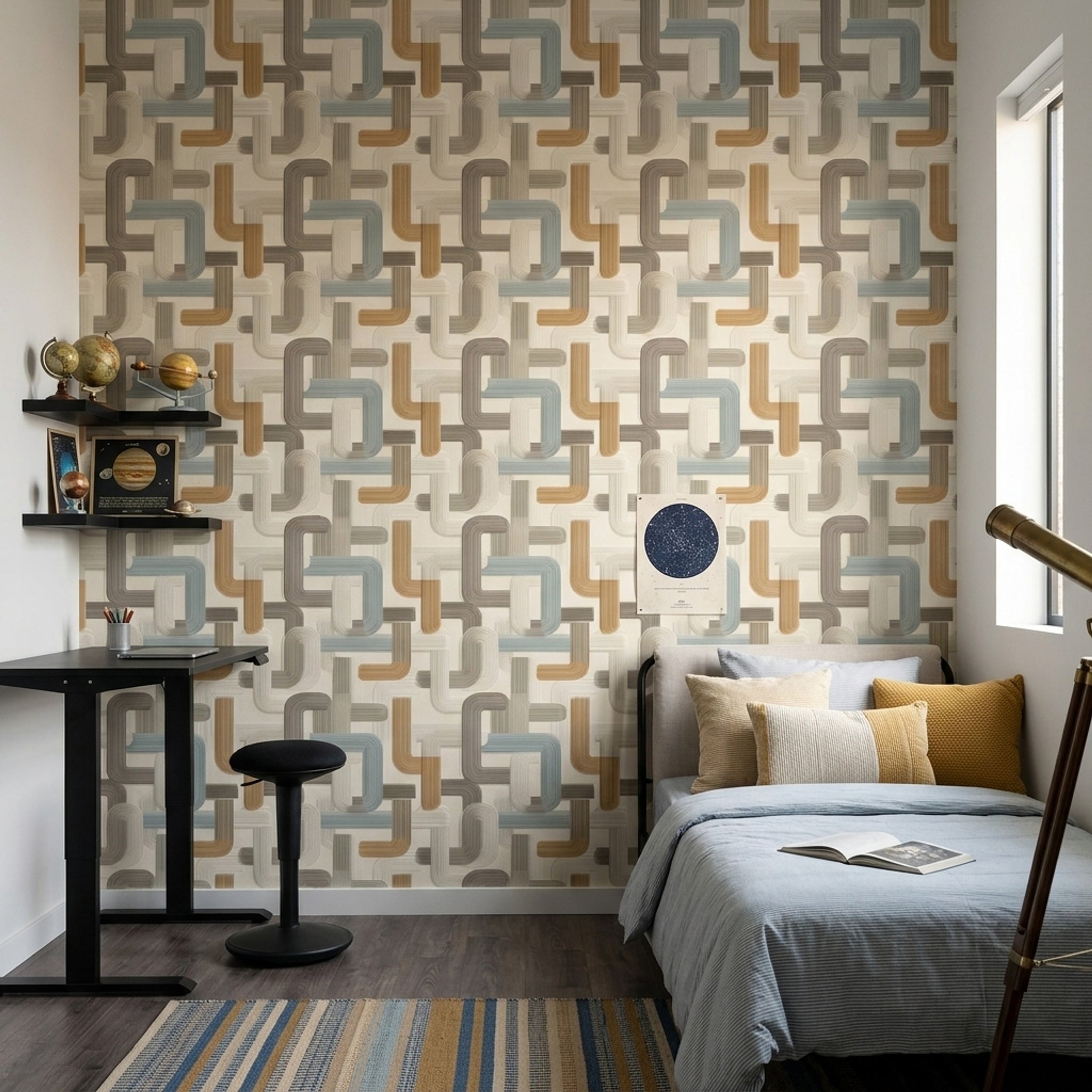 Geometrik Zincir Desenli Duvar Kağıdı Bej Mavi Salon