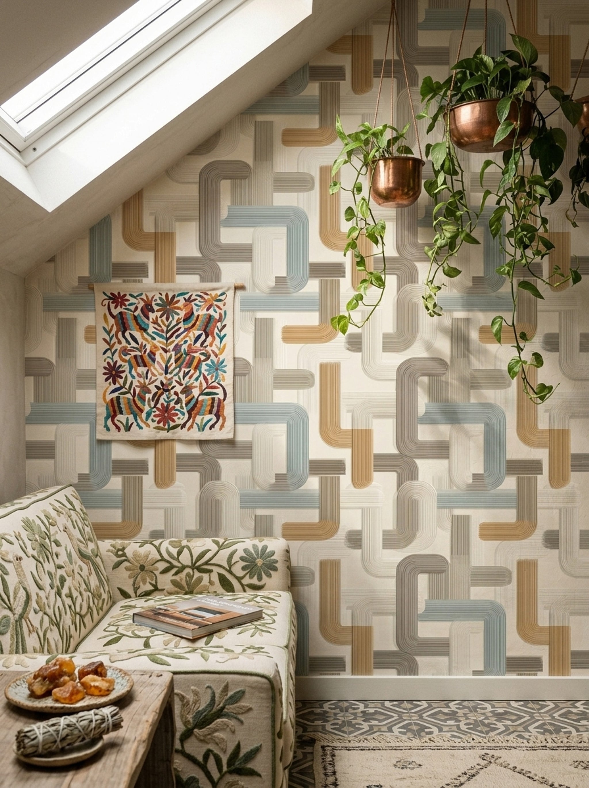 Geometrik Zincir Desenli Duvar Kağıdı Bej Mavi Salon