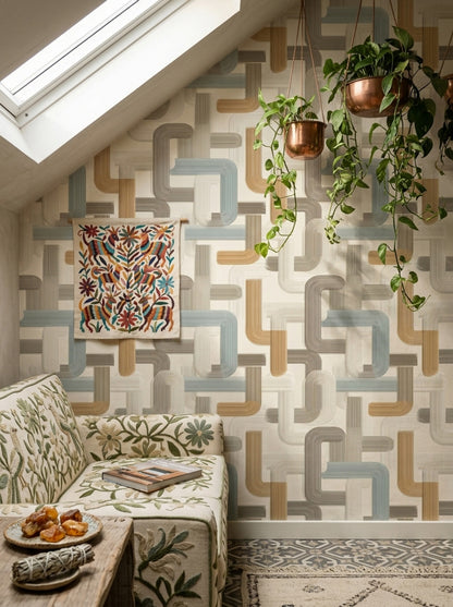 Geometrik Zincir Desenli Duvar Kağıdı Bej Mavi Salon