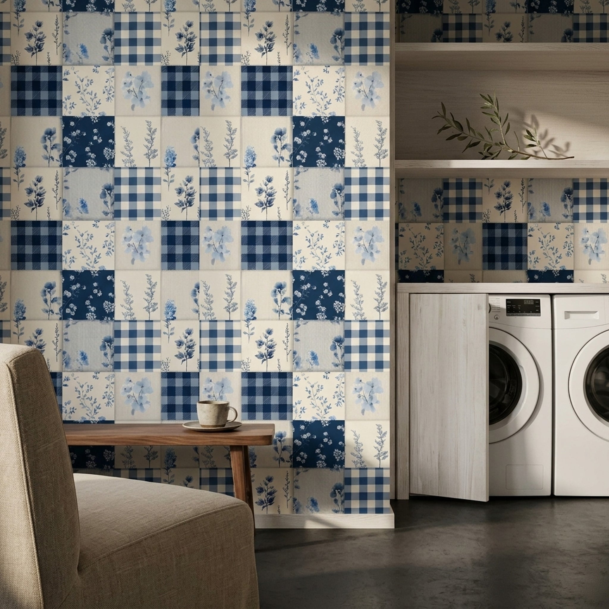 Mavi Ekose Çiçekli Duvar Kağıdı Patchwork Desenli Mutfak