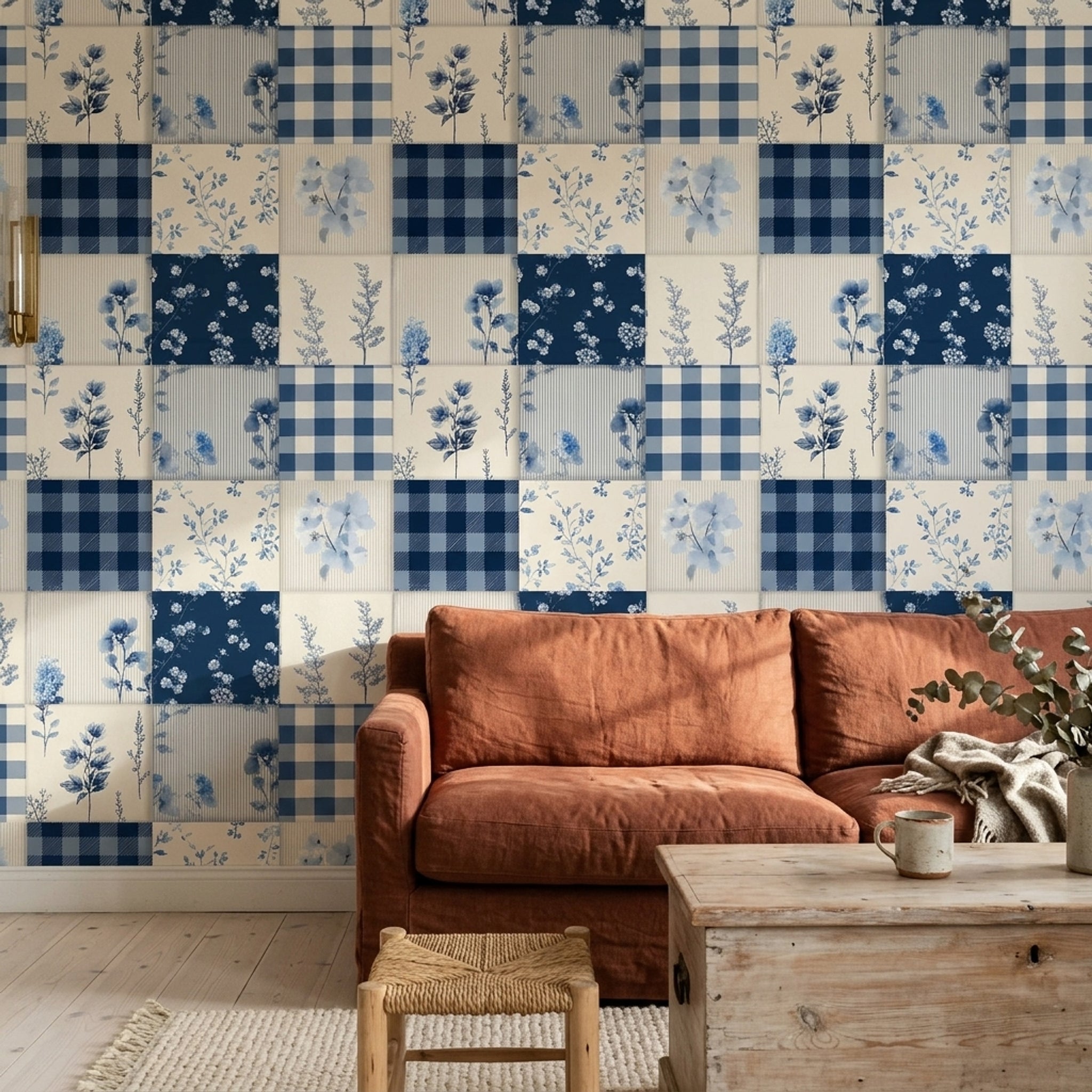 Mavi Ekose Çiçekli Duvar Kağıdı Patchwork Desenli Mutfak